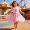 Vestido de Princesa de Malla con Estampado de Unicornio y Corazones de Colores para Niñas, Nuevo Estilo de Verano, Vestido Dulce con Mangas de Mariposa Arcoíris para Niños