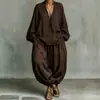 [En stock] El más vendido estilo casual elegante holgado cuello en V algodón-lino manga abullonada conjunto de dos piezas para mujer