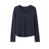 Top de tricô 100% cânhamo feminino com decote V e manga longa, macio e leve, não é moletom, camisa base de cor sólida versátil e elegante