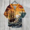 Padrão Animal 2024 Venda Quente de Verão Transfronteiriça Estampa Digital Camisa Casual Masculina Manga Curta Gola V Estampada Tendência