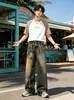 Calça Jeans Masculina Estilo Americano com Estampa de Corrente Impressa em 3D, Nova Verão Vintage Lavada High Street Reta Casual Longa para Mulheres