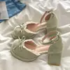 Sandálias de Salto Alto Novas Primavera/Verão 2026 Vazadas Doce Francês Renda Laço Salto Bloco Sapatos Mary Jane para Mulheres
