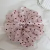 Goma para el pelo estilo coreano con forma de corazón de terciopelo y tul de perlas, scrunchie plisado de alta gama, accesorio para coleta baja, cuerda para el pelo de aspecto juvenil