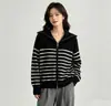 Novo Cardigã de Tricô com Gola Polo Listrado e Zíper Duplo Transfronteiriço para Mulheres, Suéter Solto de Manga Longa, Casaco de Outono Inverno