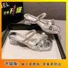 Sandalias de verano para mujer estilo hada con estampado floral, modelo nuevo verano 2025, tacón de bloque con pedrería deslumbrante, elegantes mules franceses
