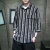 Verão 2025 Nova Camisa Masculina Solta de Manga Sete Pontos Algodão e Linho Listrada Manga Média Camisa Estilo Chinês Jaqueta Retrô