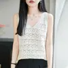 Chaleco sin mangas de lana fina con cuello en V y diseño calado para mujer, Chaleco base versátil y fresco para primavera y verano, Diseño calado simple y elegante