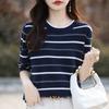 Camiseta de Manga Corta a Rayas Blancas y Negras para Mujer, Delgada, Cuello Redondo, Color en Contraste, Suéter de Media Manga para Mujer, Algodón Tejido, Talla Grande, Top para Cubrir el Vientre