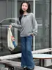 Meninas 2026 Estilo Coreano Estilo Acadêmico Cinza Gola Polo Tricô Conjunto de Duas Peças Moletom Crianças Médias e Grandes Jeans Flare