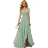 Vestido de Noche Transfronterizo 2026 Estilo Nuevo Cuello en V Plisado Abertura Corbata Largo Gasa Vestido para Fiesta de Navidad Comercio Exterior