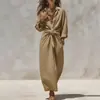Ropa de mujer de comercio exterior transfronteriza europea y americana, nuevo estilo de verano, vestido elegante y cómodo de color liso con nudo y escote en V con abertura