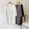 Playera Modal de Cuello U con Dobladillo Arco de Manga Corta para Mujer Verano 2025 Delgada de Largo Medio Holgada para Mujer
