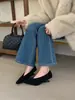 Zapatos de Cuña Pequeña con Boca en V Francesa de Nuevo Estilo 2025 para Mujer, Tacones Altos de Punta con Piel de Ante Mediana para Mujer
