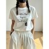 Camiseta Americana Trendyy com Estampa de Letras para Mulheres Verão Algodão Pesado Manga Curta Básica Ombro Direito Solta Gola Redonda Top