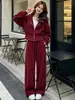 Sudadera con Cremallera y Conjunto de Forro Polar para Mujer Moda Otoño Ropa Deportiva Casual Pantalones Largos Estilo Coreano Chic Elegante Conjunto de Dos Piezas Invierno