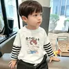 Camiseta Transpirable de Algodón Puro de Manga Larga Casual para Niños, Modelo Nuevo 2026 para Niños Mayores, Cuello Redondo, Top Rayado de Falso Dos Piezas