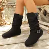 Comercio exterior transfronterizo botas casuales de punto de gran tamaño con puño, doble hebilla, suela plana, plisadas, apiladas, botas de gamuza negra de media pantorrilla para mujer