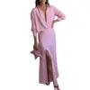Verão 2026 Novo Moda Feminina Casual Europeia e Americana Transfronteiriça Estilo Férias Conjunto de Duas Peças Cardigã Listrado com Saia Longa