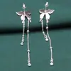 Brincos de borboleta com franja em prata de lei S925, modernos, simples, lisos, prateados, longos, design exclusivo, brincos de pino de orelha, brincos