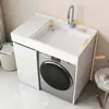 Armario compacto para lavandería de balcón con fregadero integrado, armario para lavadora de carga superior con tabla de lavar, mueble de baño