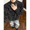 Camiseta de Manga Larga con Cuello Alto Tie-Dye Desgastado Retro Streetwear Americano para Hombres y Mujeres Peso Pesado Primavera/Otoño Marca de Moda Versátil