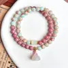 [Rosa Sakura] Pulseira de Cristal Rosa com Contas Design de Círculo Duplo Pedra Shoushan Luxo Leve Exquisite Pulseira Estilo Chinês Atacado