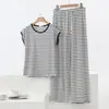 Conjunto de Camiseta sin Mangas de Cuello Redondo a Rayas Blancas y Negras de Modal y Pantalones de Pierna Ancha para Mujer, Conjunto de Dos Piezas Estilo Verano Delgado