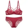 Conjunto de sujetador de encaje transparente ultrafino estilo europeo y americano para mujer, diseñado para hacer que los senos grandes parezcan más pequeños, con soporte antigravedad y elevación, conjunto de lencería sexy