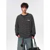 Moletom estilo americano para homens, com bordado de dachshund, gola Henley listrada, outono, simples, casual, versátil, pullover, camiseta de manga longa