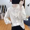 Camisa Bordada de Algodão Puro com Gola Alta Vazada Estilo Francês para Mulheres, Nova Coleção Primavera e Outono 2026 Manga Longa Elegante Solta Versátil