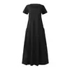 Vestido Feminino Transfronteiriço Europeu e Americano Amazon Cor Sólida Gola Redonda Manga Curta Bainha Longa Solta