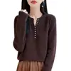 Nueva colección de otoño e invierno: suéter de cachemira de alta gama, cuello semiabierto, multibotones, manga larga, tejido, para mujer