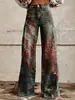 Pantalones largos de estilo retro 3D con estampado digital, corte holgado, para mujer, jeans acampanados de algodón puro, pantalones casuales