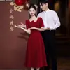 Vestido vermelho de manga curta e decote quadrado para recepções de noivado, acinturado, emagrecedor, de comprimento médio, elegante vestido de noite para mulheres