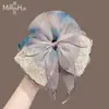 Pinza para el cabello de malla morada degradada con lazo, accesorio para coleta semi-recogida etéreo con un toque de alta gama