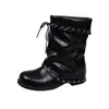 Botas pretas estilo europeu com rebites empilhados para mulheres outono com cadarço botas plissadas de cano médio botas para calças de perna fina botas de moda botas curtas