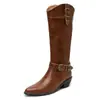 Botas Vaqueras Occidentales de Punta Fina para Mujer 2024 Nuevas Botas de Estilo Británico con Tacón Grueso Estilo Coreano por Encima de la Rodilla con Boca en V Botas de Caballero