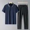 Conjunto Masculino de Verão Novo Estilo para Meia-Idade e Idosos: Camisa Polo de Seda Gelada, Calça Longa de Seda Gelada de Nylon de Manga Curta, Calça de Corte Reto, Conjunto de Roupa para Pai
