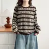 Bestseller de otoño para mujeres talla grande de 100 kg: Camisa base chic de estilo coreano, adelgazante, de encaje, a rayas, cuello redondo, manga larga