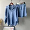 Foto Real de Conjunto Retro de Dos Piezas para Mujer Transfronterizo Tallas Grandes, Conjunto de Camisa y Pantalones Cortos Sueltos de Algodón y Lino Verano 2026