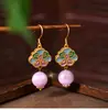 Pendientes Originales Nuevos de Cristal Kunzita Natural Estilo Chinoiserie Esmalte Frío Nicho de Gama Alta Pendientes Retro Chinoiserie para Mujer