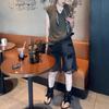 25695 Xin Da Ai Mei Yuan Verão 2025 Nova Camiseta Coreana com Decote V e Lenço Shorts Jeans Casuais Tendência