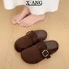 Sapatos casuais femininos slip-on estilo Birkenstock, de couro, com sola macia, não cansativos, sem salto, mules de bico fechado