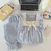 Pijama de Franela para Mujer Otoño e Invierno Encaje Cuello Cuadrado Lazo Cálido Nuevo Pantalón de Manga Larga Conjunto para Estar en Casa