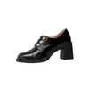 Versión de piel de vaca ~7 cm de aumento de altura mocasines retro de tacón con botón de camelia para mujeres menudas, zapatos de piel genuina
