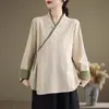 Camisa Hanfu modificada estilo chinês retrô com gravata diagonal para mulheres, corte solto, tamanho grande, traje de chá inspirado no Zen, top de algodão e linho para primavera