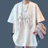 2026 Estilo Nuevo Camiseta de Manga Corta con Estampado de Letras Difuminadas para Hombre Peso Pesado Casual Holgado Estilo Perezoso Versátil Top de Media Manga