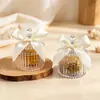 Tarro de dulces de boda con forma de lazo estilo Ins, caja de dulces de plástico transparente, caja de regalo de recuerdo de boda con lazo blanco roto y verde guisante