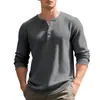 Camisa Henley de Manga Larga para Hombre Estilo Americano Otoño/Invierno con Cuello Henley y Media Botonadura Abierta Camiseta Casual de Color Sólido Tejido Waffle para Hombre
