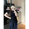 Camiseta Blanca de Manga Corta con Dobladillo de Encaje Fruncido Francés y Paneles de [Rayon] para Mujer, Top Ajustado de Verano con Hombro Derecho